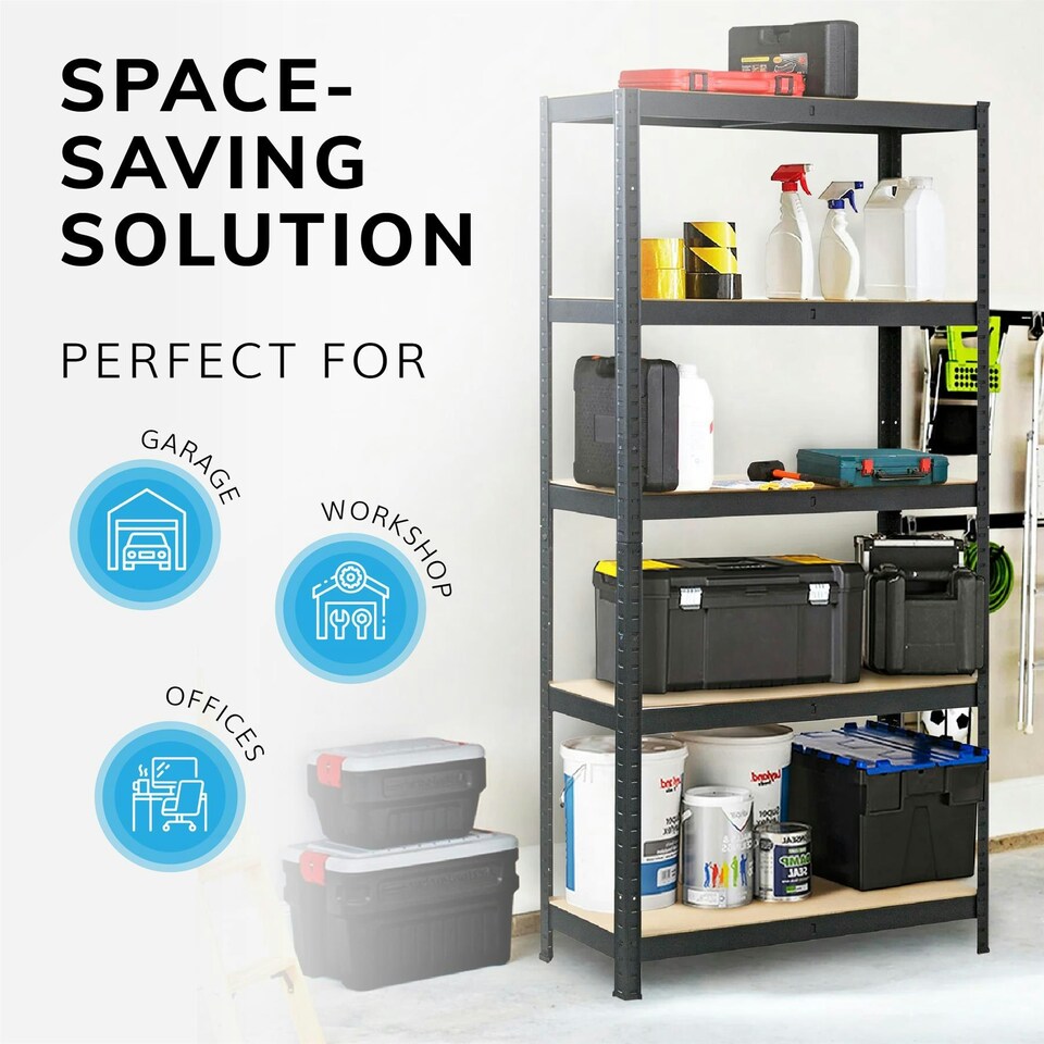 image 1 of Boltless 5 Tier Shelving Racking Heavy Duty Steel Shelf Unit Shed Garage Home Black Black