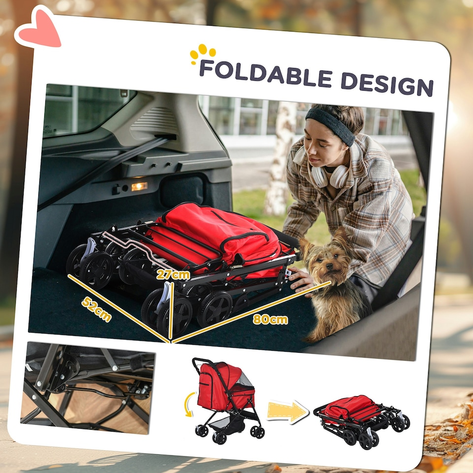image 1 of PawHut Pet Stroller Dog Foldable Travel Carriage with Reversible Handle, Red