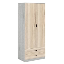 2-Door 2-Drawer Wardrobe with Storage Shelf, and Hanging Space - 180x75x46cm | Grey | Ash Grey & Oak | 1