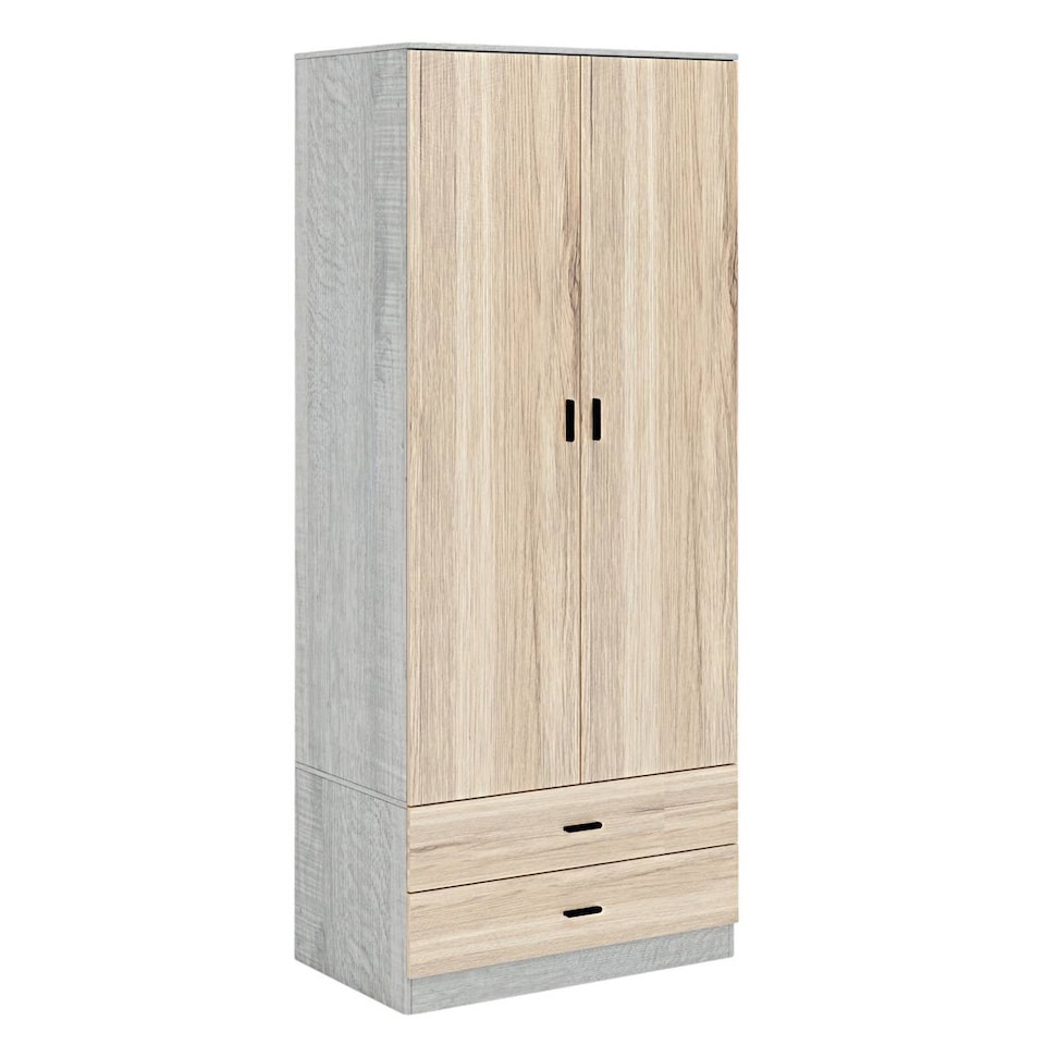 image 1 of 2-Door 2-Drawer Wardrobe with Storage Shelf, and Hanging Space - 180x75x46cm | Grey | Ash Grey & Oak | 1