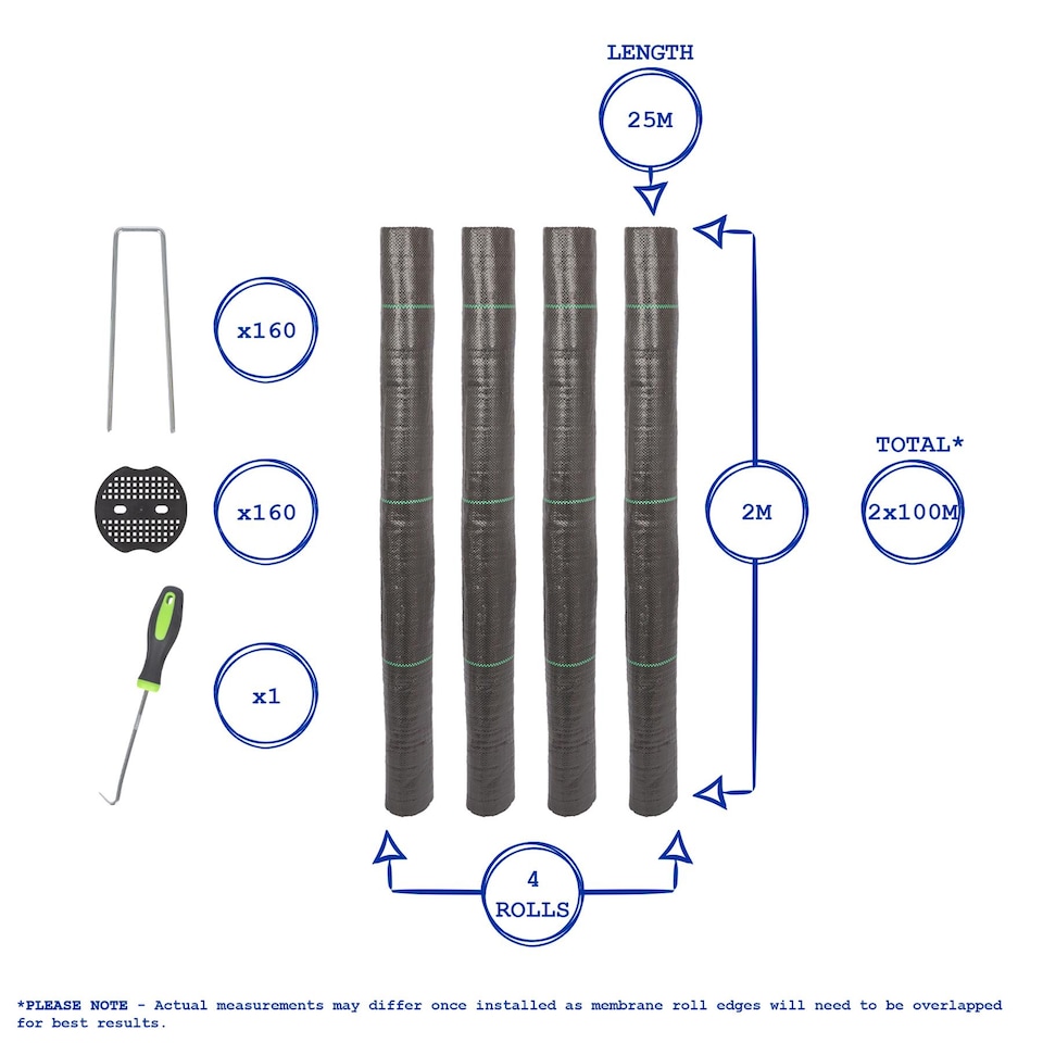 image 1 of Harbour Housewares 110gsm Weed Control Membrane Set with Pegs & Plates - 4m x 50m | Black | Black