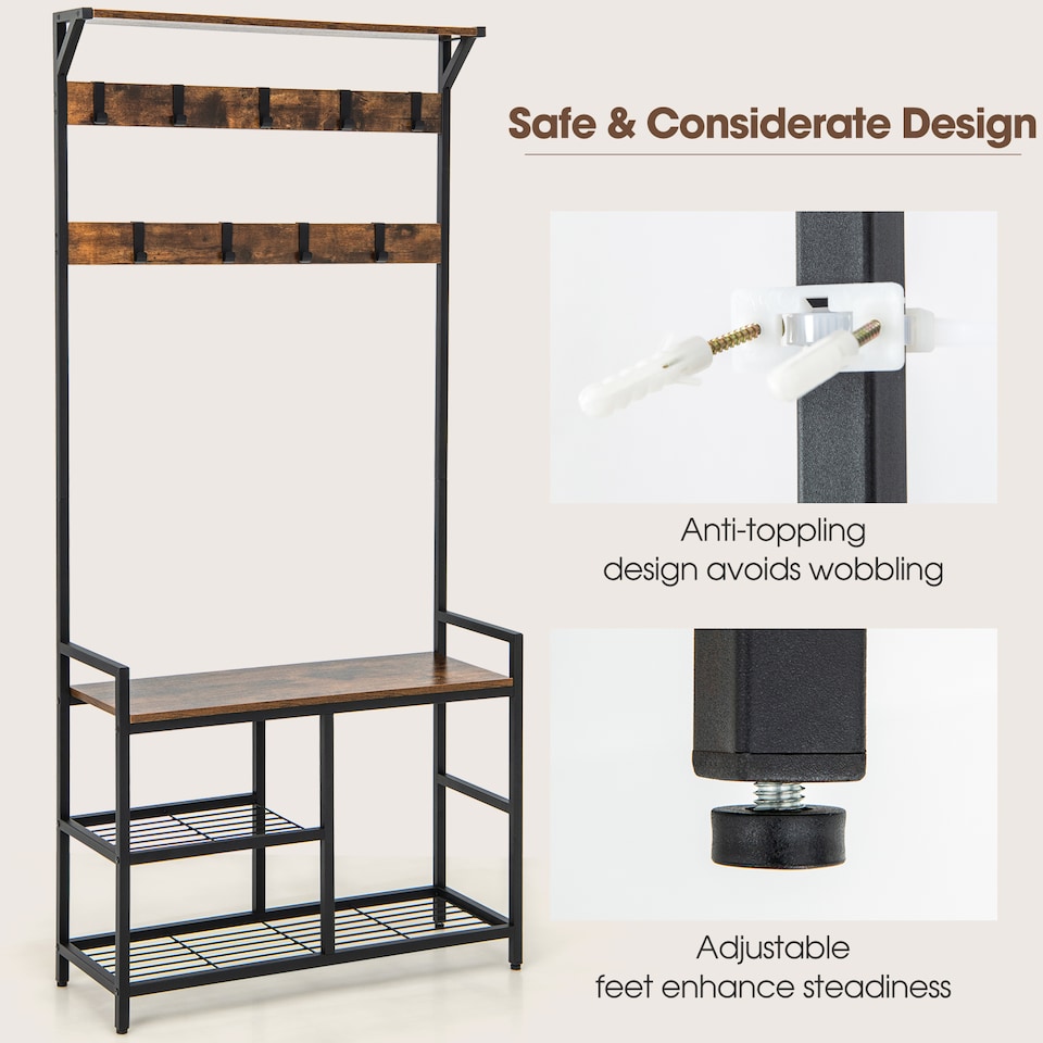 image 1 of COSTWAY 3 in 1 Coat Rack Hall Tree with Shoe Bench   Shoe Storage Coffee