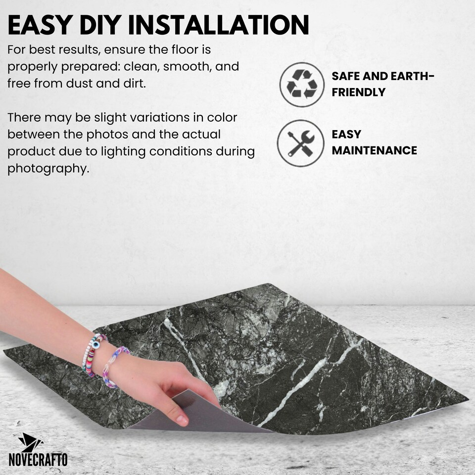 image 1 of NOVECRAFTO Self Adhesive Vinyl Floor Tiles - 6 Black Marble Peel & Stick Sheets 18"x18" (45.72x45.72cm) - Waterproof Square Vinyl Flooring for Kitchen Black | 6.27