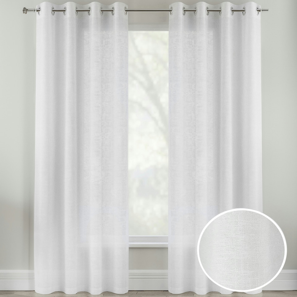 image 1 of Pair of Crete White Linen Look Voile Panels 183 cm (72 inch) Eyelet Panels for Bedroom and Living Room