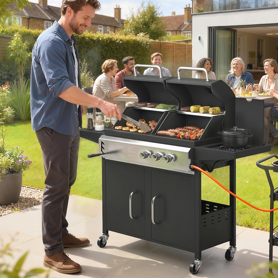 image 1 of Outsunny 3 Burner Hybrid Dual Fuel BBQ Gas Grill with Side Burner, Black | Black | Black | 148 x 60 x 110 cm