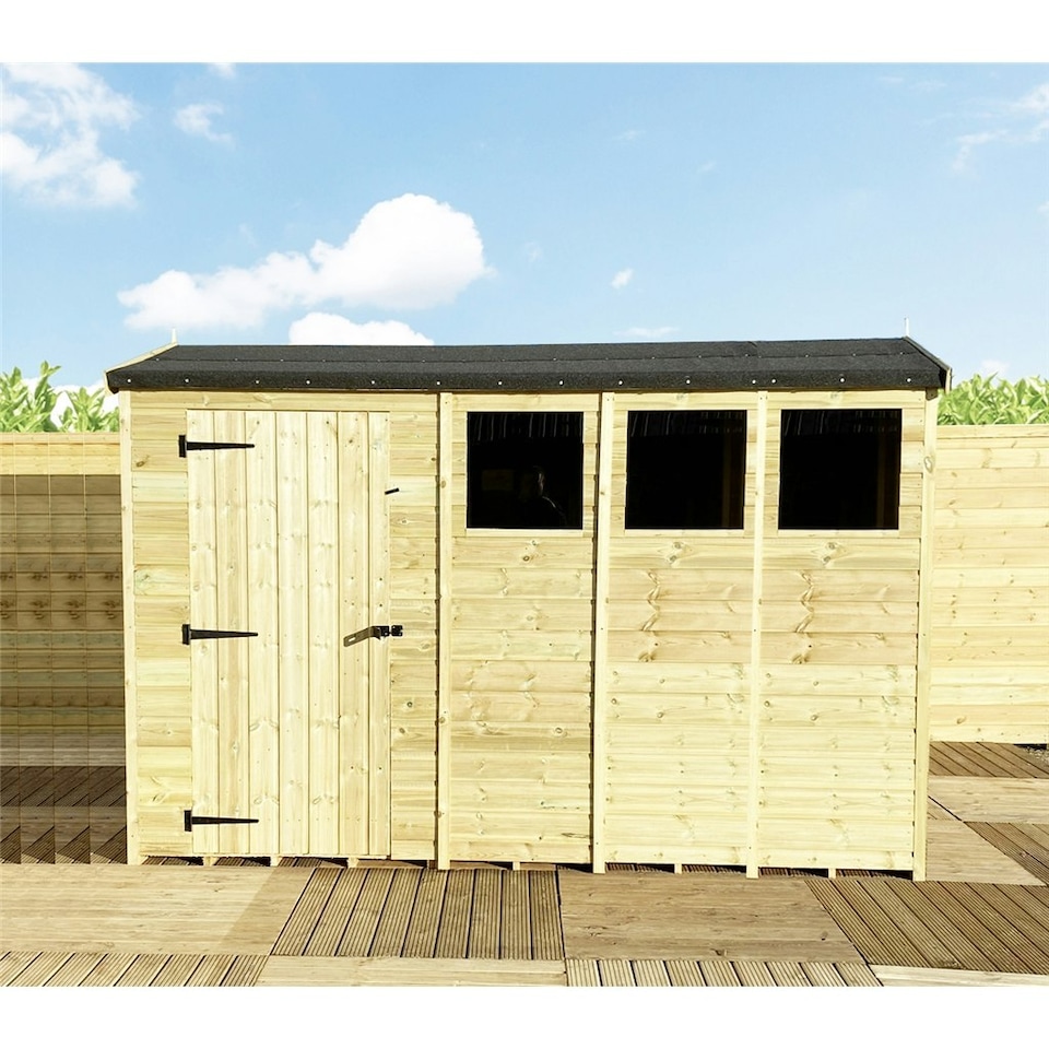image 1 of 14 x 5 Reverse Pressure Treated Tongue And Groove Single Door Apex Shed - 3 Windows + High Eaves (14' x 5') / (14ft x 5ft) (14x5)