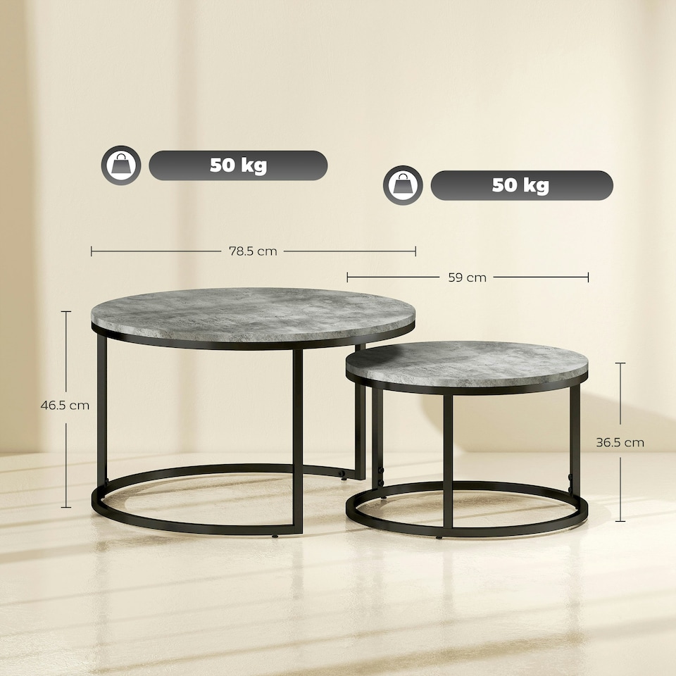 image 1 of HOMCOM 2 Pcs Stacking Coffee Table Set Steel Frame Marble-Effect Top Foot Pads | Grey | 78.5x78.5x46.5