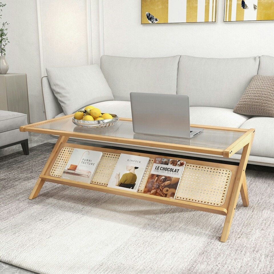 image 1 of COSTWAY 2-Tier Rectangular Coffee Table with Glass Tabletop Brown