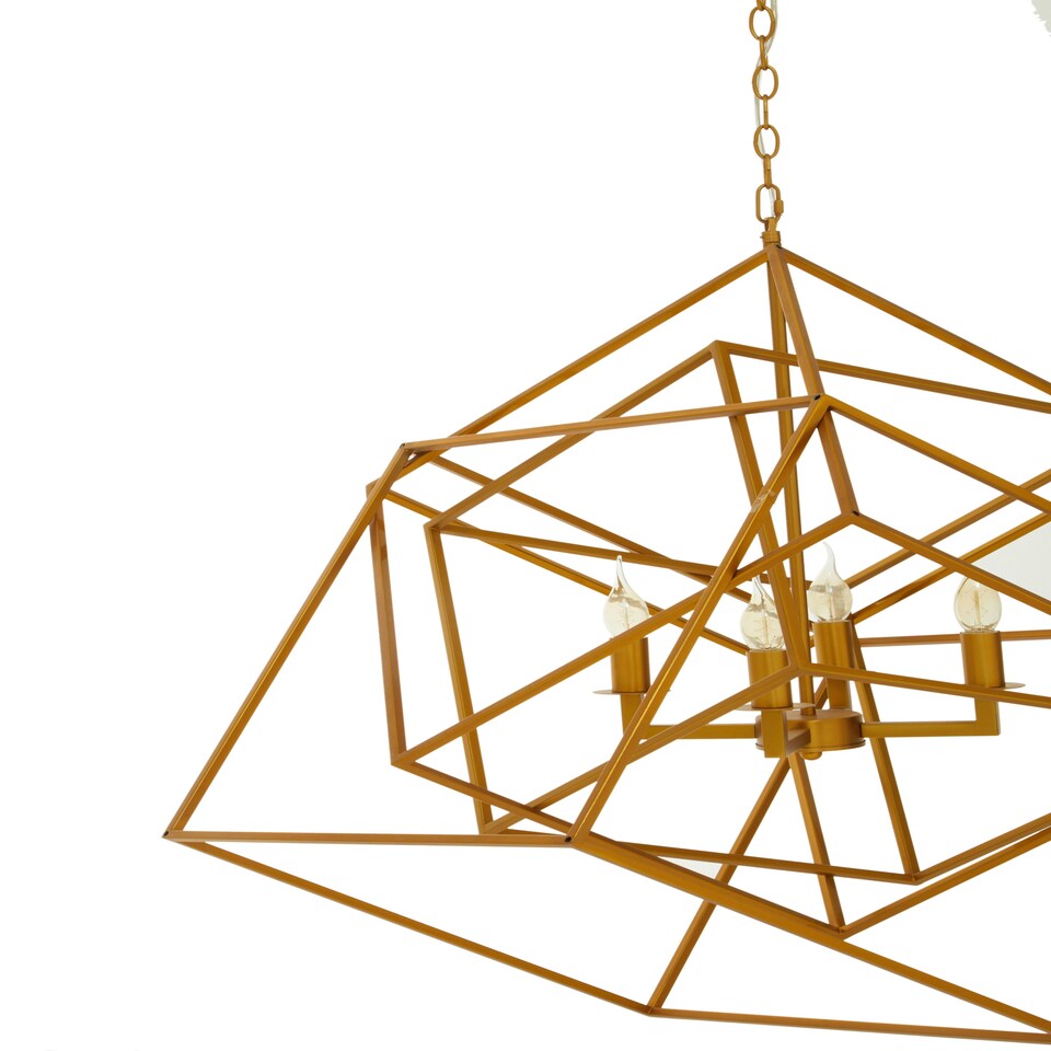 image 1 of Interiors by Premier Brass Finish Six Bulb Pendant Light, Overlapping Cube Metal Frame, Contemporary Luxe Lighting Fixture
