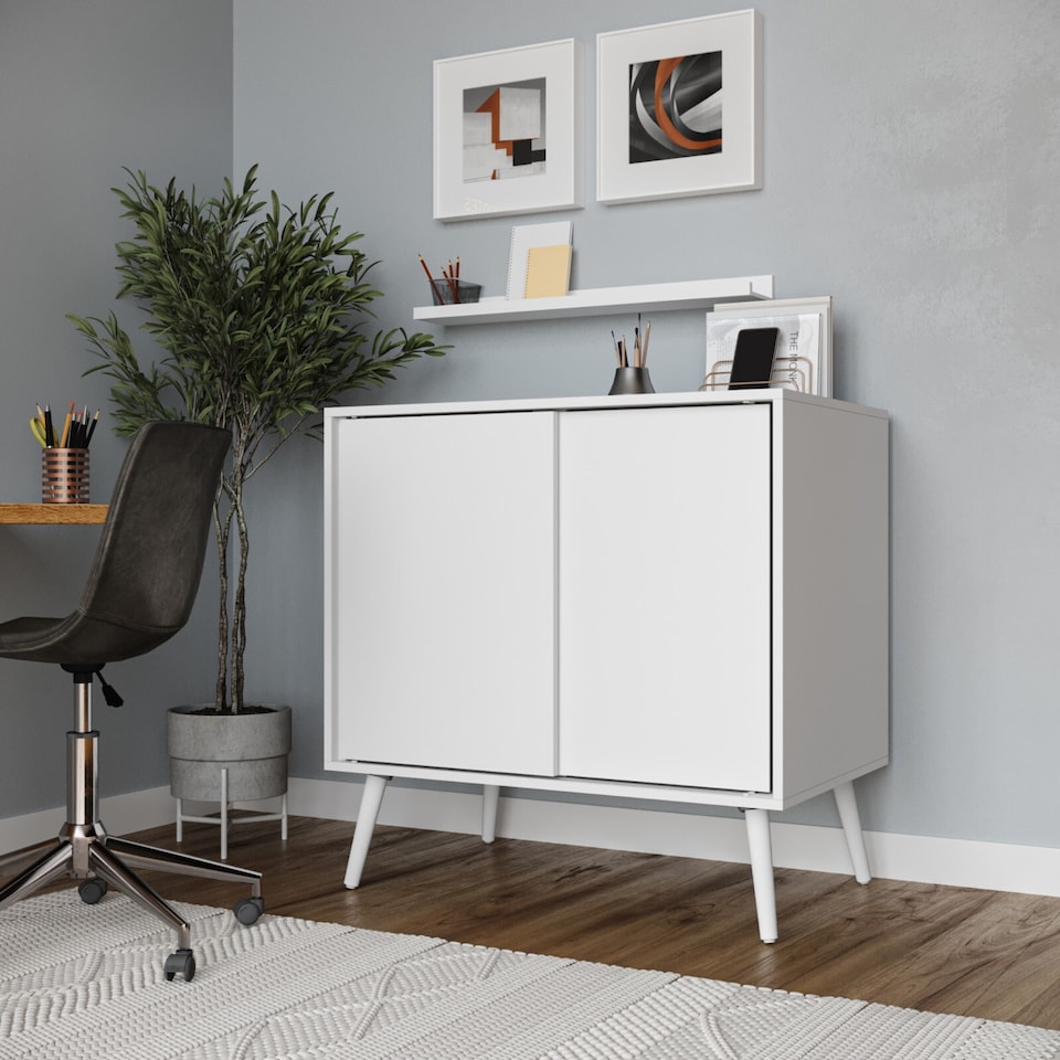 image 1 of URBNLIVING 2 Sliding Door Cabinet With Wooden Legs Storage Unit | Multi | White Carcass & White Legs | H80 x W80 x D51.5 cm | 1