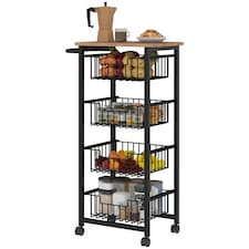 HOMCOM 4-Tier Kitchen Island on Wheels, Rolling Kitchen Storage Trolley with 4 Pull-Out Mesh Baskets, Mobile Utility Serving Cart, Oak | White | Oak