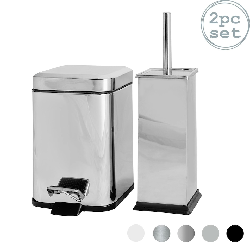 image 1 of Harbour Housewares Square Toilet Brush & Bin Set - Chrome Grey