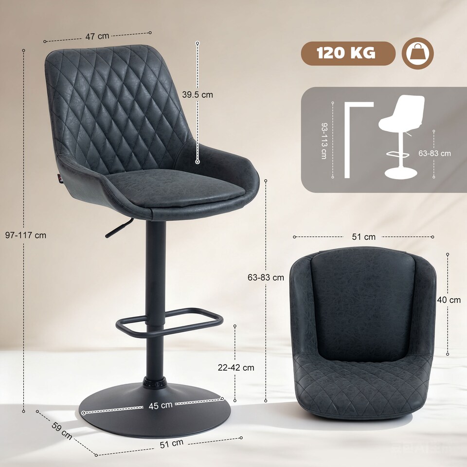 image 1 of HOMCOM Breakfast Bar Stools Set of 2 with 51x40cm Wide Seat, Height Adjustable Kitchen Counter Chairs, Retro Swivel Upholstered Barstools with Back, Footrest and Steel Base, Black | Black | Black