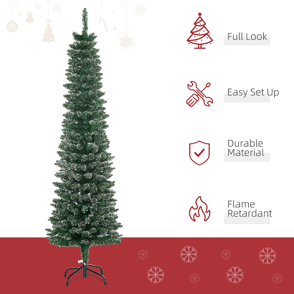 image 1 of HOMCOM 5.5FT Artificial Snow Dipped Christmas Tree mas Pencil Tree Holiday Home Indoor Decoration with Foldable Black Stand, Green