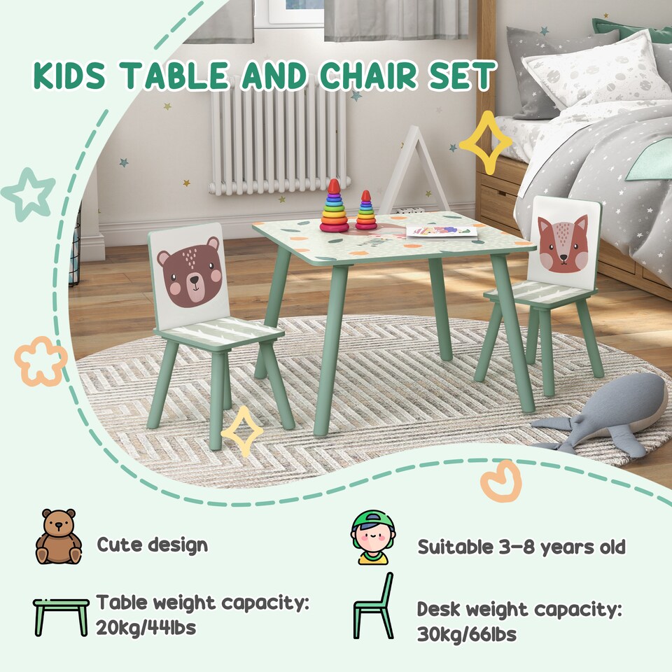 image 1 of ZONEKIZ Kids Table and Chairs, Children Desk with 2 Chairs, Green