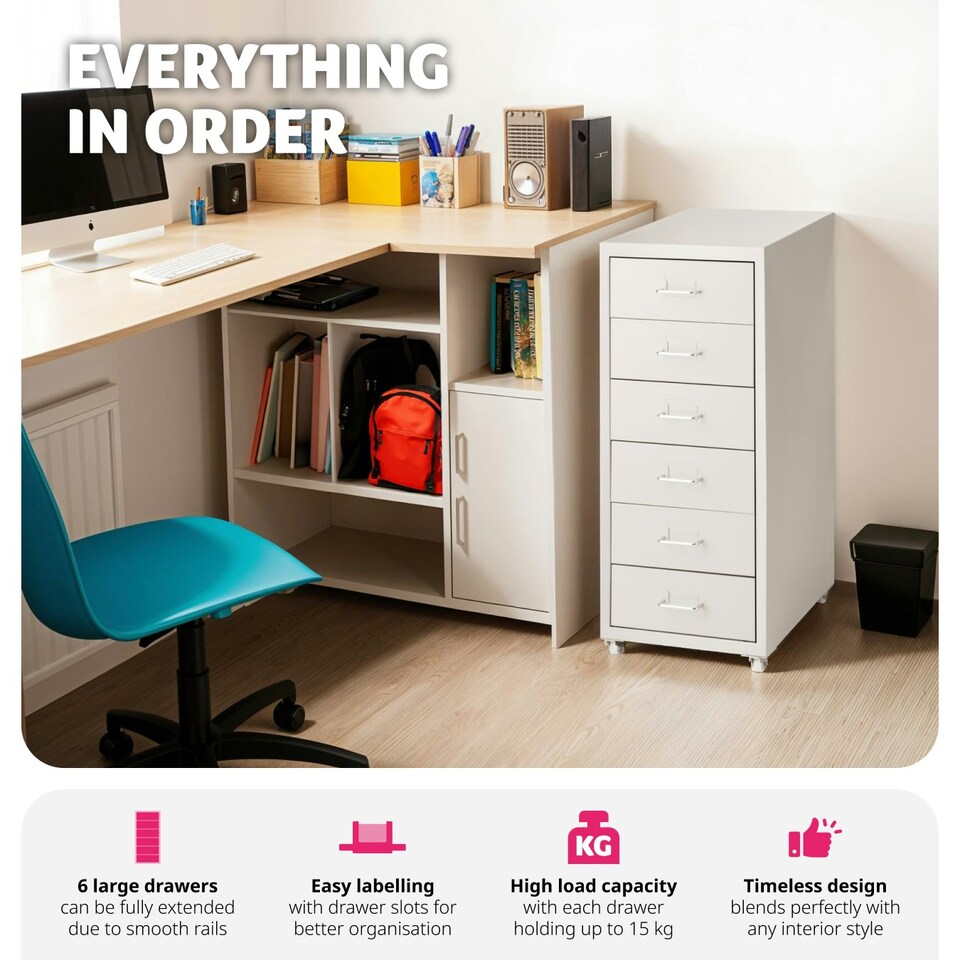 image 1 of Filing Cabinet - made of steel, 4 wheels, 6 drawers, label holders, easy assembly Grey | Light Grey