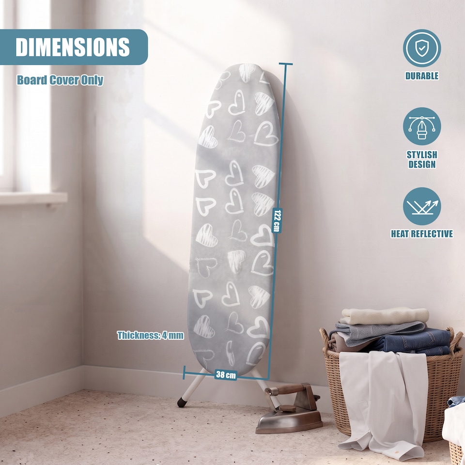 image 1 of GEEZY Ironing Board Cover with Grey Heart Design 122 x 38cm