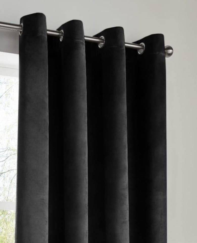 image 1 of Velvet Look Eyelet Ring Top Blackout Curtains - 117cm x 229cm - Black