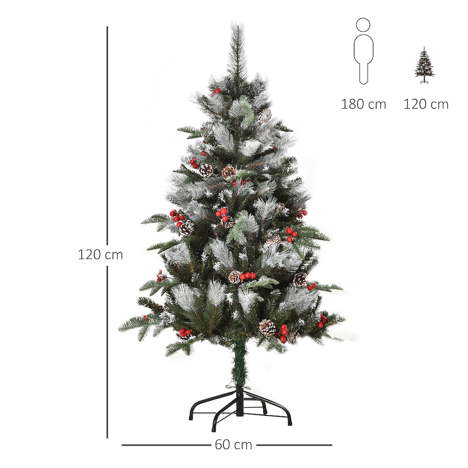 image 1 of HOMCOM 4FT Artificial Snow Dipped Christmas Tree mas Pencil Tree Holiday Home Party Decoration with Foldable Feet Red Berries White Pinecones, Green