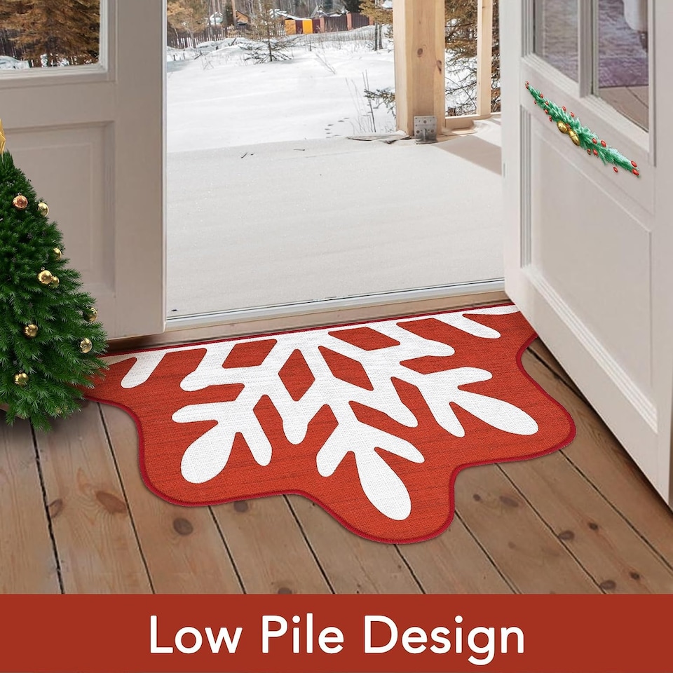 image 1 of London Boutique Christmas Doormat with Half-Cut Snowflake Design, Non-Slip Washable Entrance Mat, Red, 50 x 80 cm