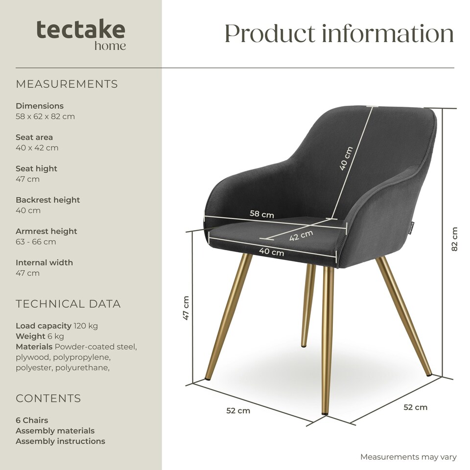 image 1 of Dining Chair Marilyn - corduroy look, upholstered, armchair, continuous backrest - Set of 6 Grey | Anthracite/Gold