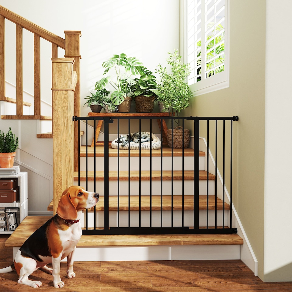 image 1 of PawHut Pressure Fitted Pet Dog Safety Gate Metal Fence, Black
