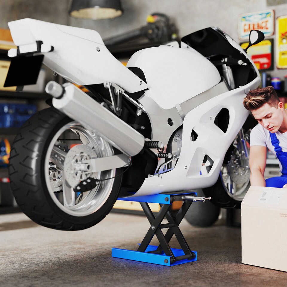 image 1 of DURHAND 500KG Motorcycle Lift Scissor Jack, Height Adjustable Motorbike Stand with Anti-Slip Wide Deck, Heavy Duty Steel Motorbike Repair Lift Hoist Stand for Home Garage, Blue