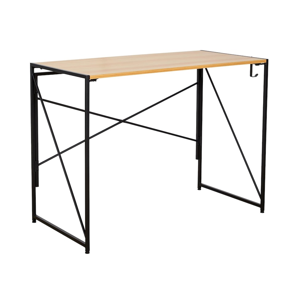 image 1 of Folding Compact Desk Storage Hook Wood Metal Office Computer Table Workstation | Brown