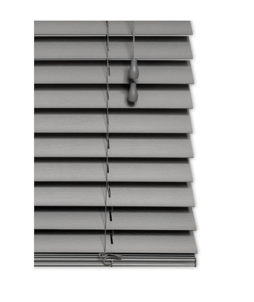 image 1 of 50mm Slat Grey Grained Faux Wood Venetian Blind With Strings 150cm Drop | Grey | Grey
