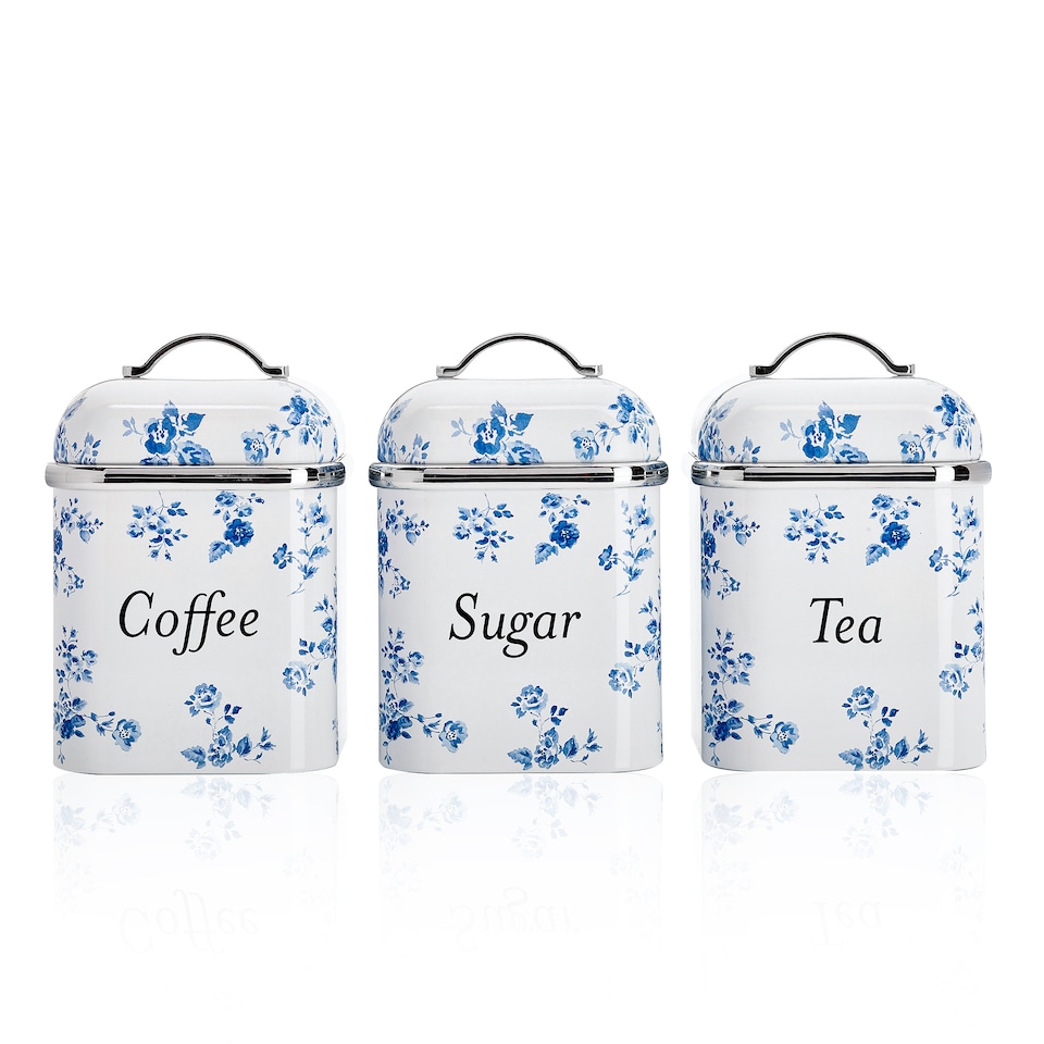 image 1 of VQ Laura Ashley Tea Coffee and Sugar Canisters Set of 3 Stainless Steel Tea