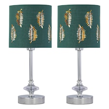 First Choice Lighting Set of 2 Chrome Jewelled Table Lamps with Dark Green Fern Shades Chrome | Green