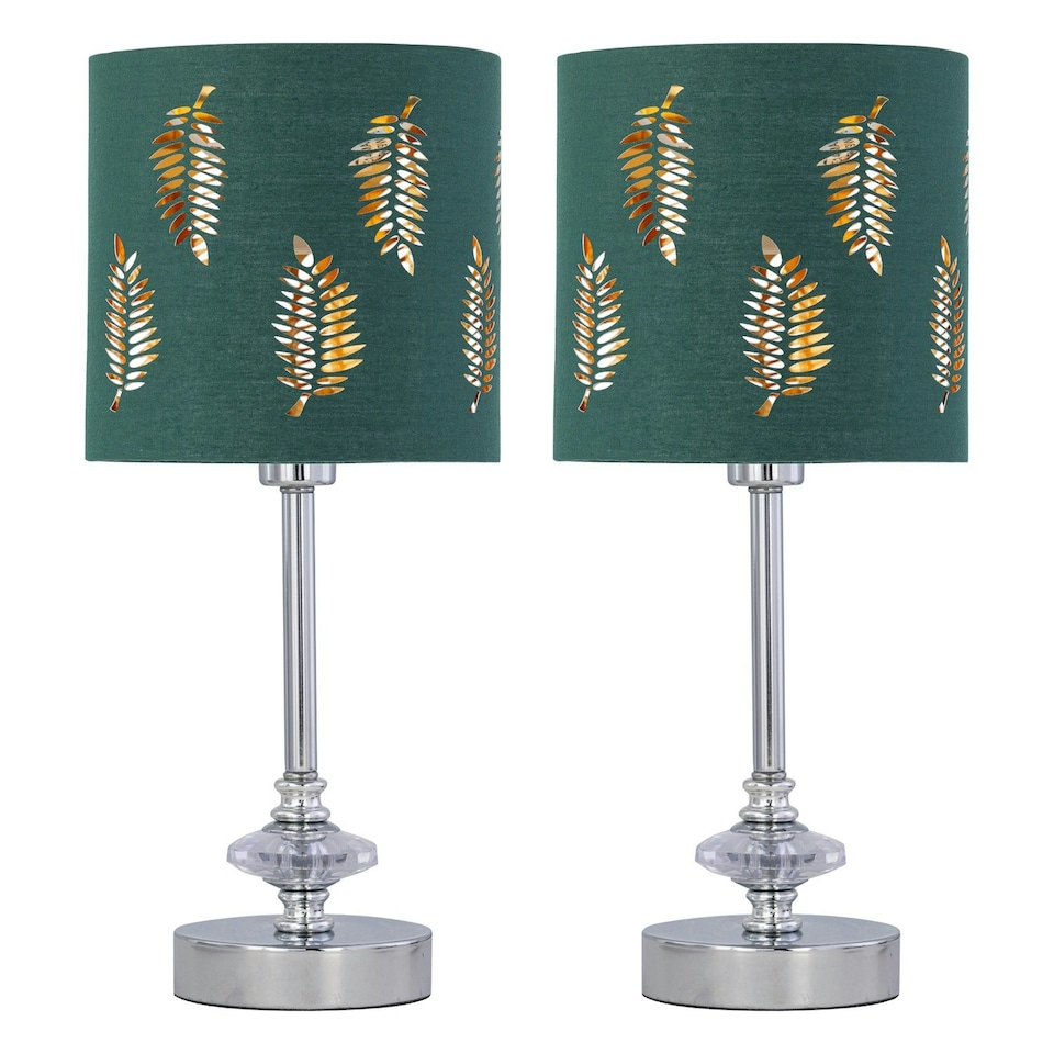 image 1 of First Choice Lighting Set of 2 Chrome Jewelled Table Lamps with Dark Green Fern Shades Chrome | Green