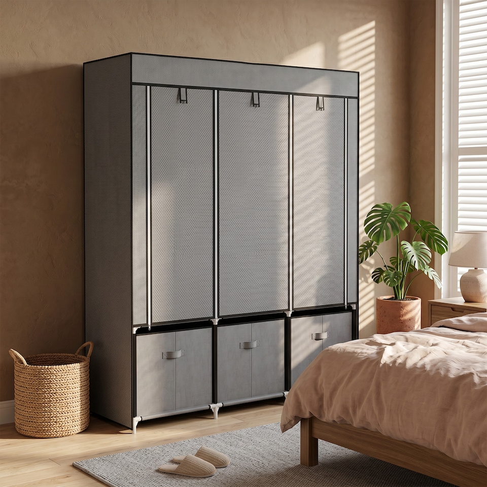 image 1 of HOMCOM Large Fabric Wardrobe Closet 2 Rails, 5 Shelves 3 Drawers, Dark Grey