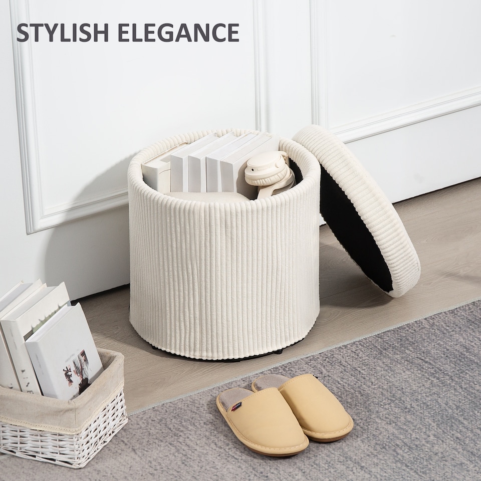 image 1 of HOMCOM 40cm Round Storage Ottoman, Corduroy Footstool with Removable Lid and Legs, Vanity Stool for Living Room, Bedroom, Beige | Brown