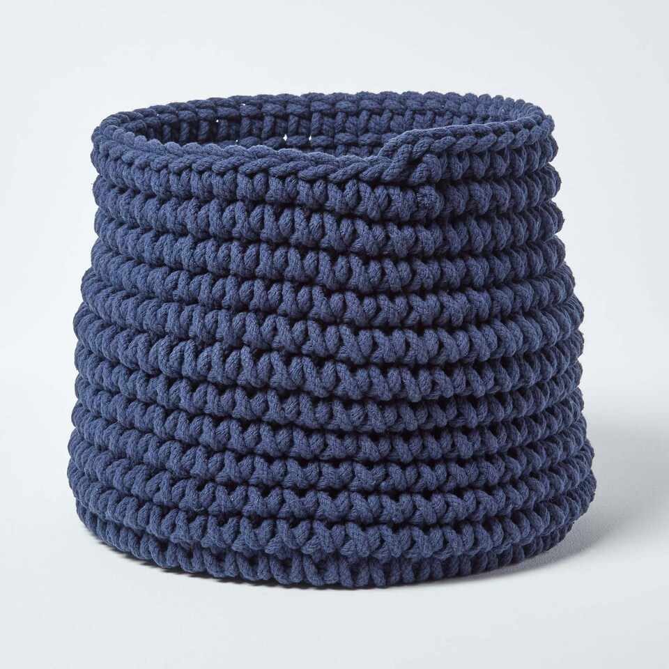 image 1 of Homescapes Navy Blue Cotton Knitted Round Storage Basket - 42 x 37 cm Blue | L