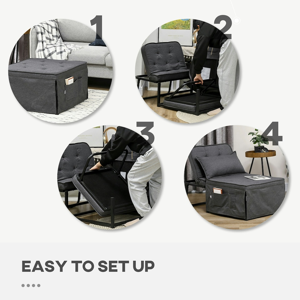 image 1 of HOMCOM Convertible Sleeper Chair with Pillow and Side Pockets, Charcoal Grey