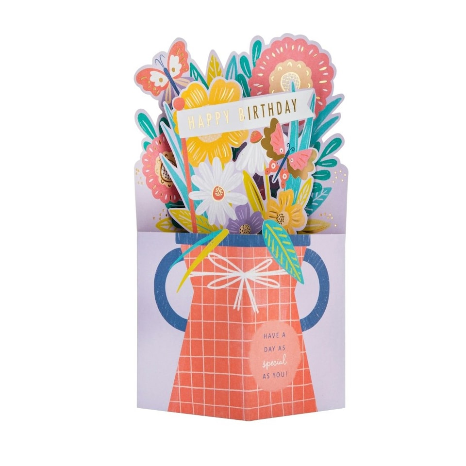 image 1 of 3D Pop-Up Pink Flowers & Vase Design Birthday Card