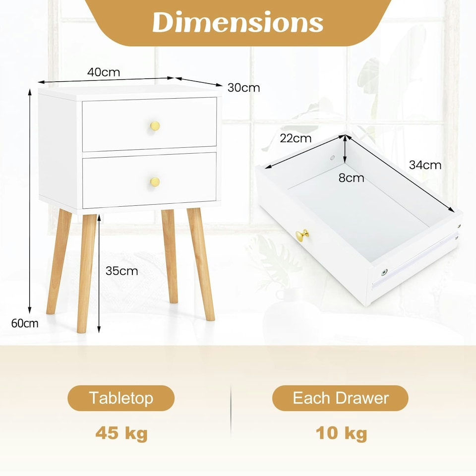image 1 of COSTWAY Nightstand 2-Drawer Bedside Table w/Storage White White