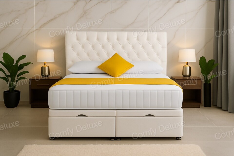 image 1 of Ottoman Foot Lift White Plush Chesterfield 5ft Kingsize Bed Set with Headboard and Mattress