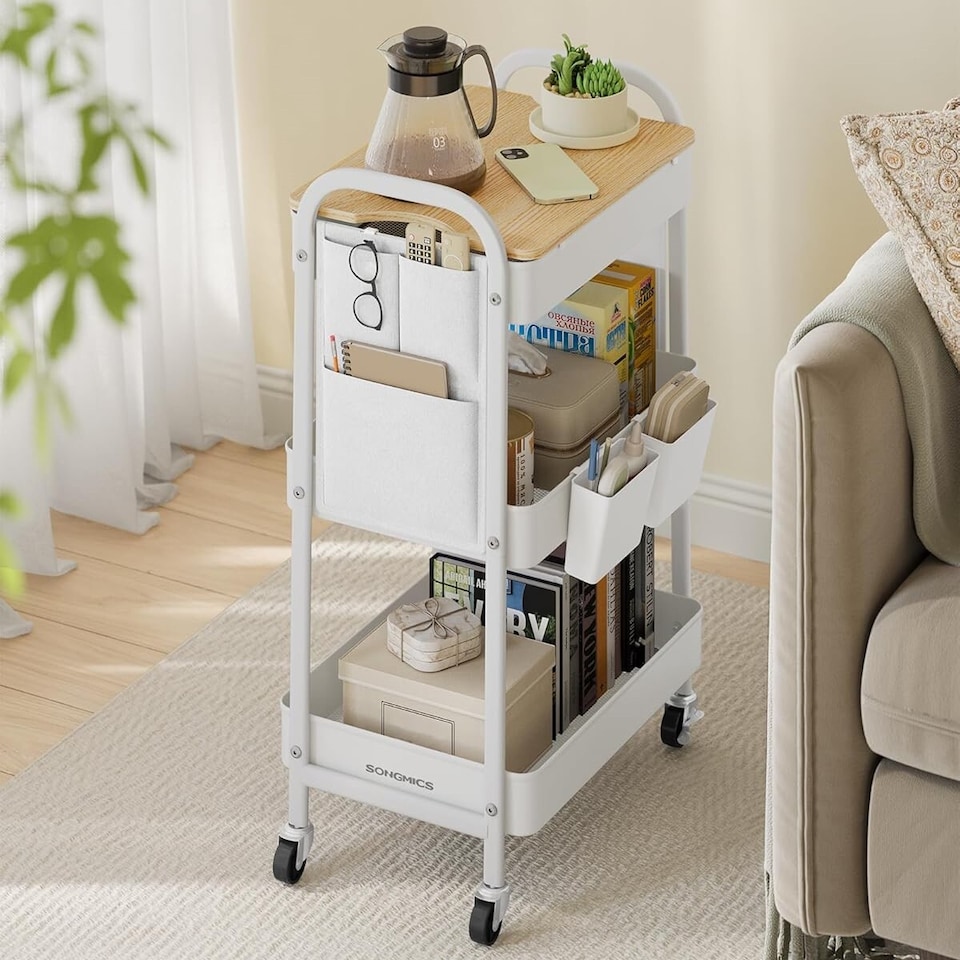 image 1 of 3-Tier Rolling Trolley, Utility Cart with Tabletop, Side Pockets, for Kitchen, Office or Bathroom, Cloud White