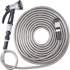 Easy Hose Stainless Steel Garden Water Hosepipe Rust Proof & Tangle Free with Hand Held Spray Nozzle (25ft) | Silver