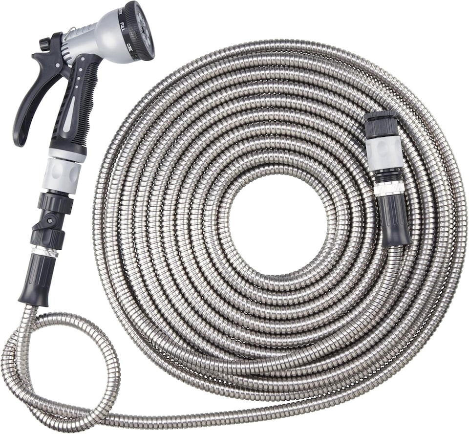 image 1 of Easy Hose Stainless Steel Garden Water Hosepipe Rust Proof & Tangle Free with Hand Held Spray Nozzle (25ft) | Silver