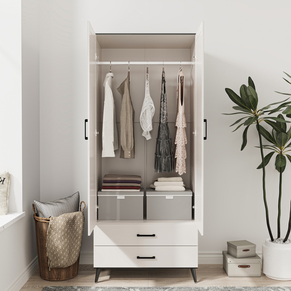 image 1 of 2-Door 2-Drawer Mirror Wardrobe with Legs | Black | Black & White | 55 x 9.5 x 149 | 1