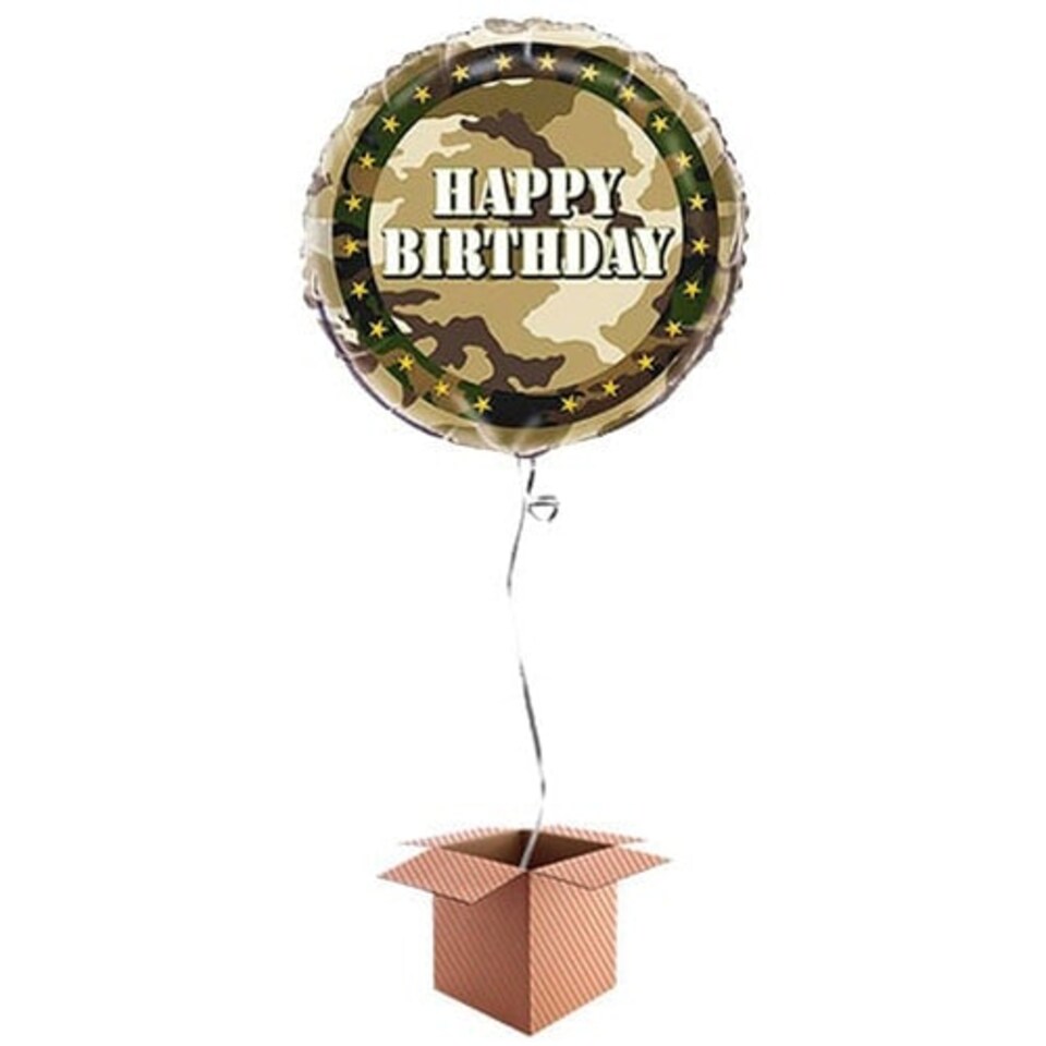 Camouflage Happy Birthday Foil Balloon - Inflated Balloon in a Box