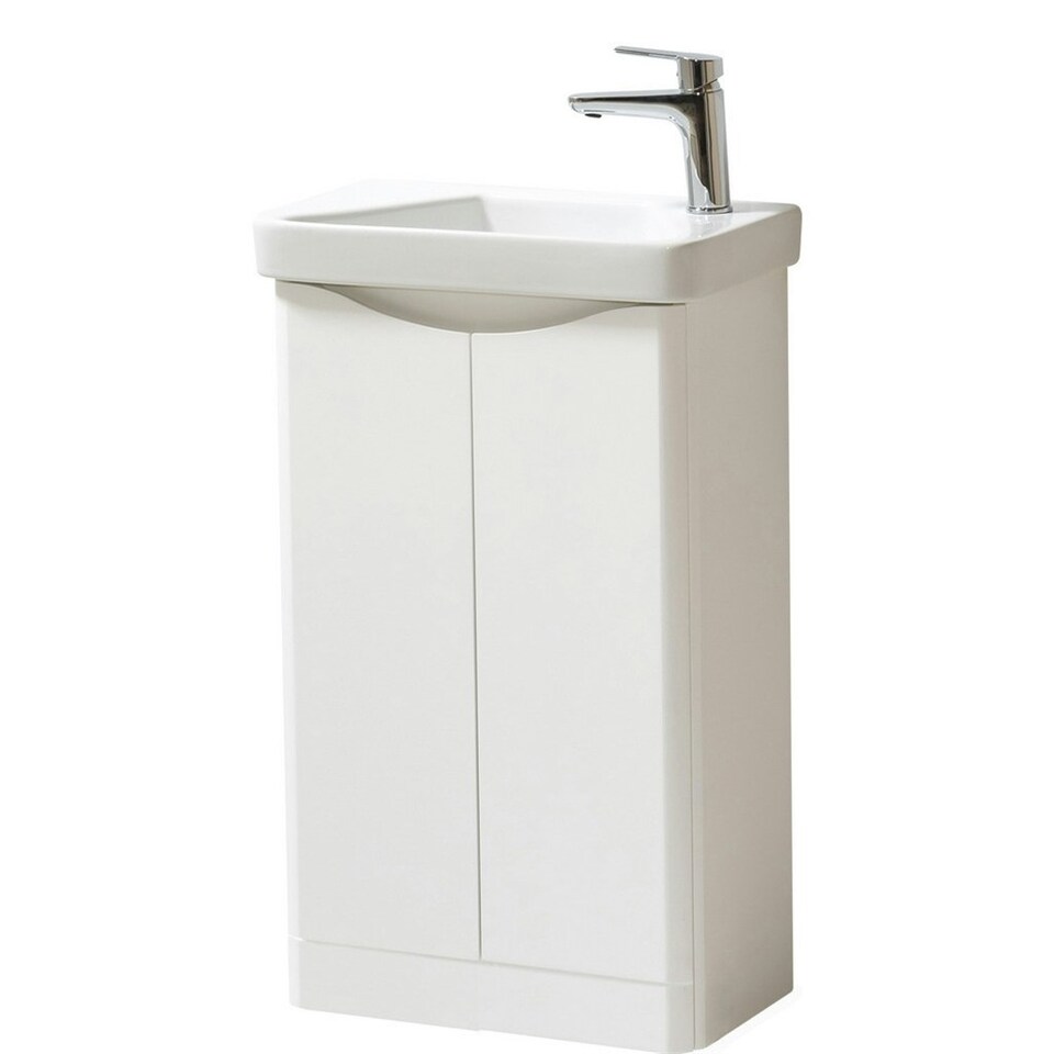 image 1 of Bathroom Floor Standing 2 Door Cloakroom Unit and Ceramic Basin 500mm Wide - Gloss White - (Arch) - Brassware Not Included | White | White | 1