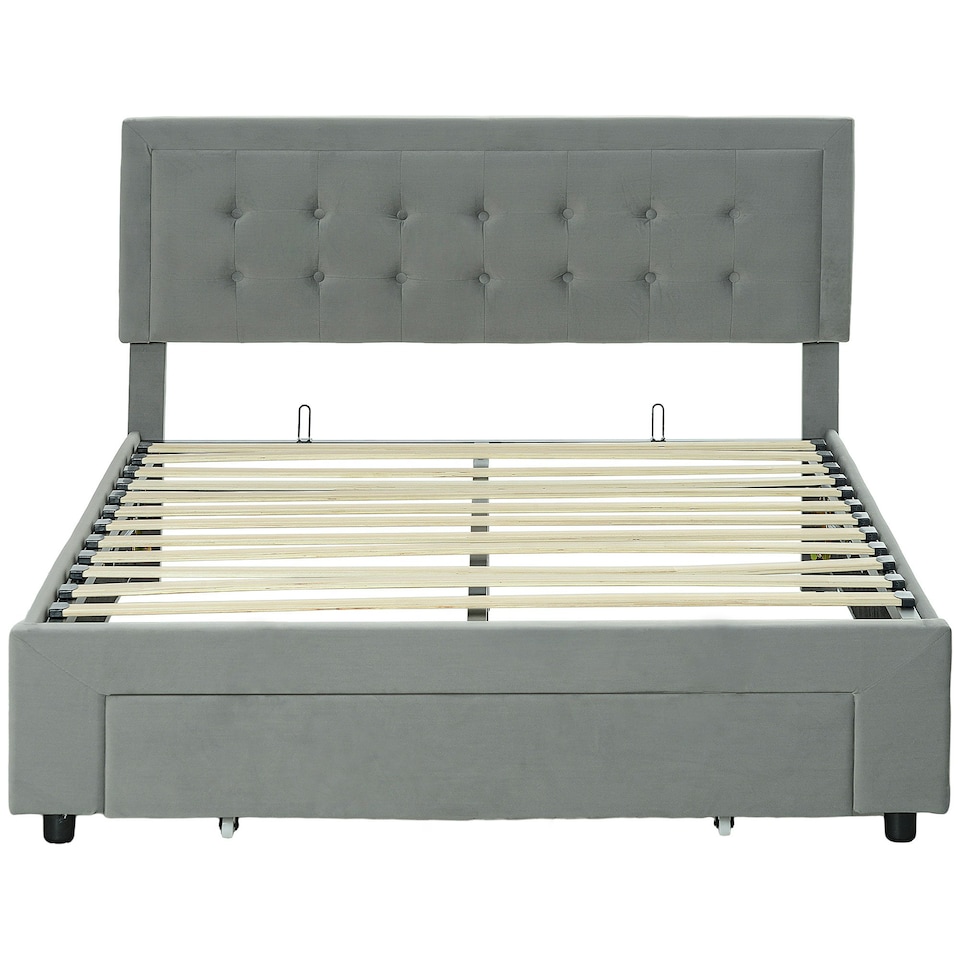 image 1 of HOMCOM Double Bed Frame with Storage and Adjustable Velvet Headboard, Grey