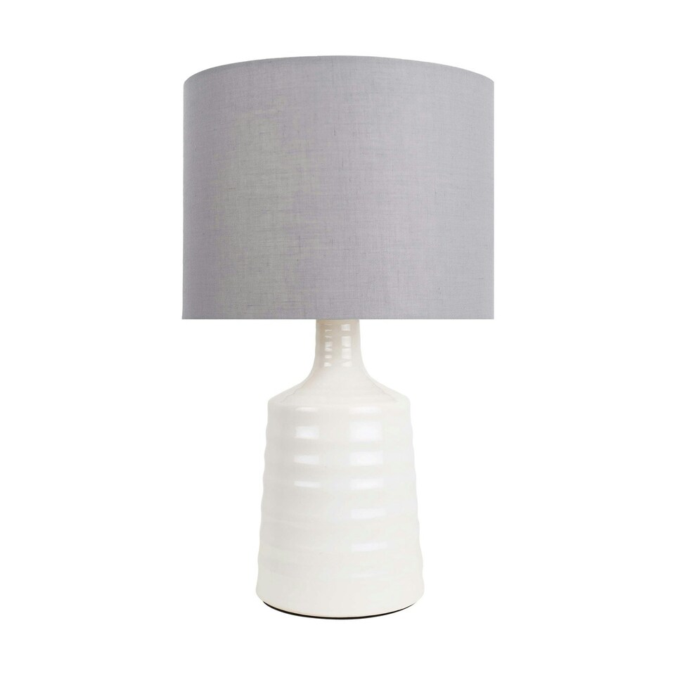 image 1 of Ripple - Off White Ribbed Ceramic Table Lamp with Grey Fabric Shade White | Grey