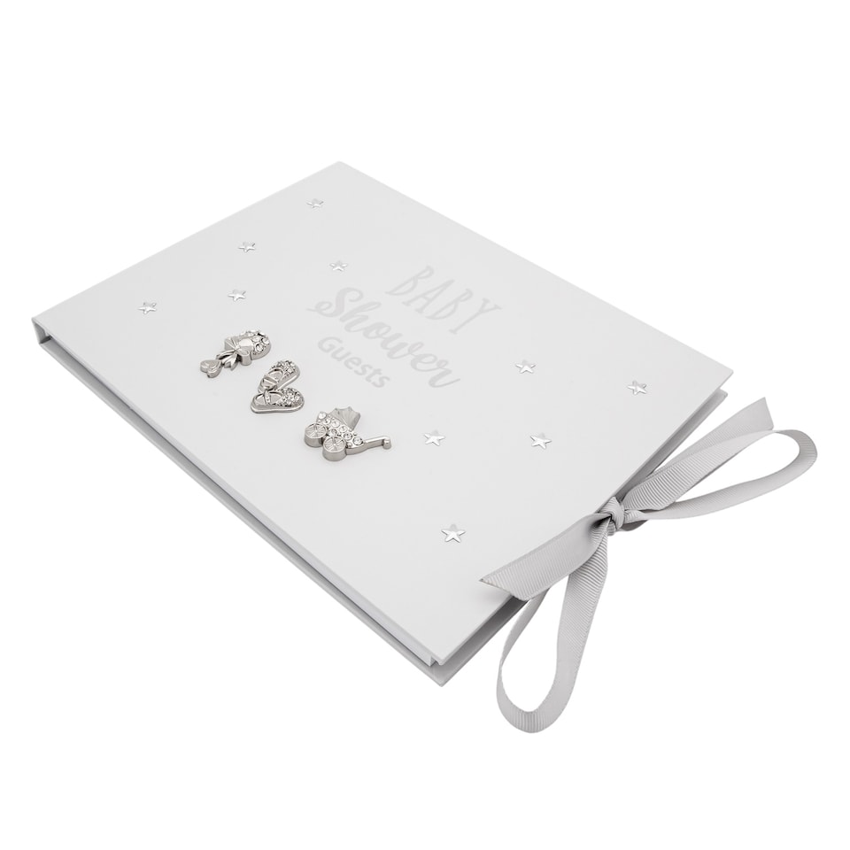 image 1 of Grey Baby Shower Guest Book with Silver Plated Rattle Pram and Booties