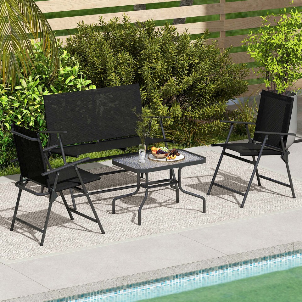 image 1 of Outsunny Outdoor 4 Pieces Patio Furniture Set with Breathable Mesh Fabric Seat & Backrest, Garden Set with Two Foldable Armchairs, a Loveseat & Glass Top Table, Black