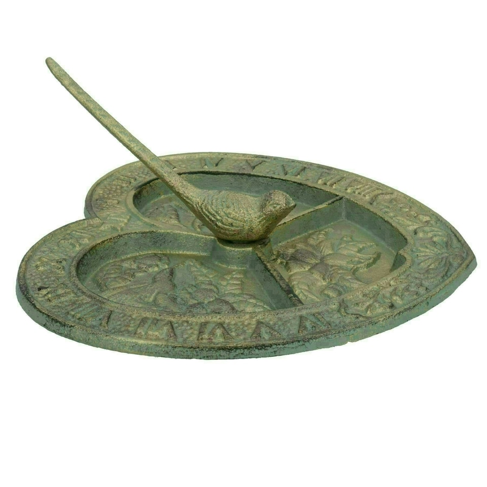 image 1 of Bird Heart Sundial Ornament Cast Iron Garden Yard Feature Statue Clock Metal Green